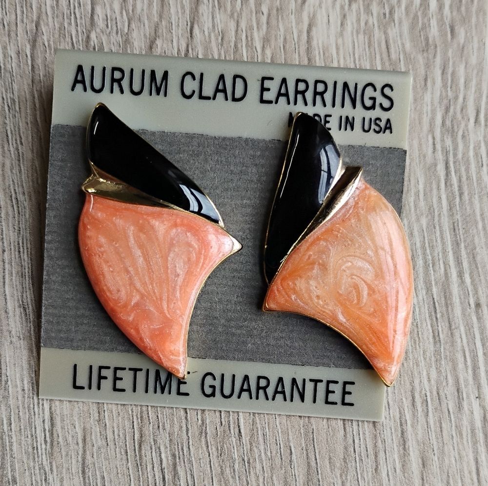 Vintage Aurum Clad Enamel Earrings Pierced Peach / Black 1.5" NEW